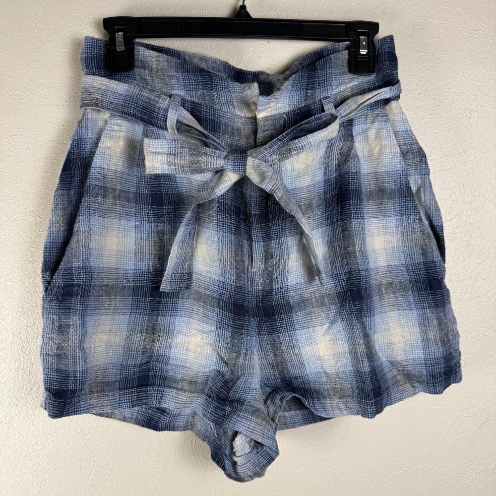 Reformation Blue Plaid 100% Linen Paperbag Tie Waist Shorts Size 6 High Rise